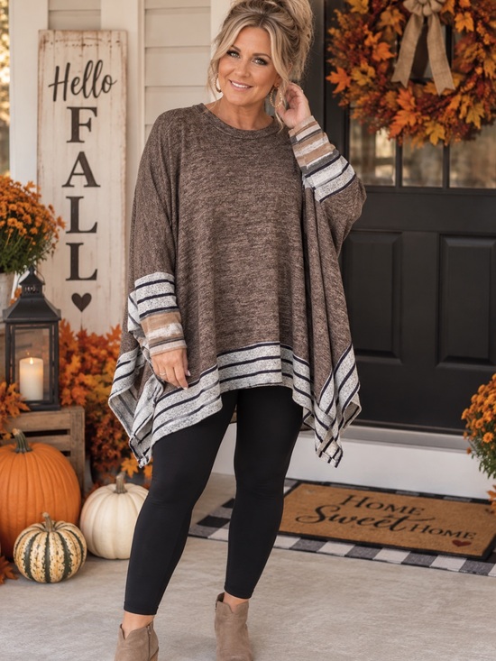 Egy Tops - Striped Hem Brown Women's Tunic Poncho